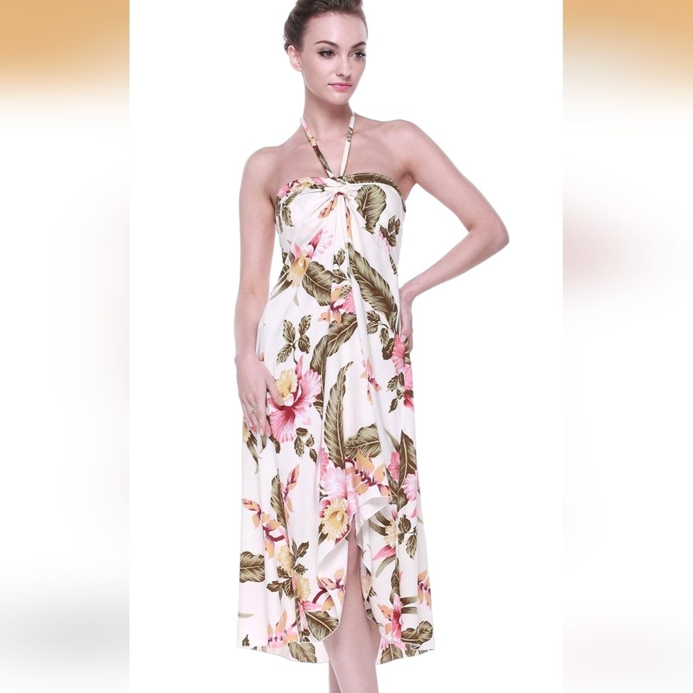 Women’s Cream Floral Midi Dress with Pink Blossoms